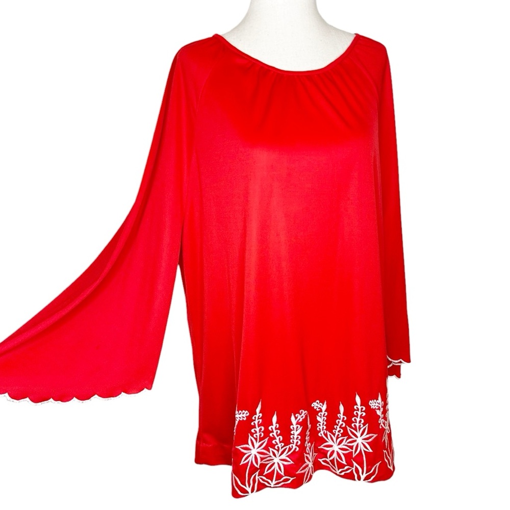 Vintage 70s Cherry Red Floral Embroidered Flare Sleeved Tunic